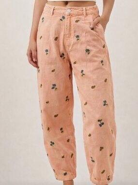 Kimchi Blue Barrel Pants Size 2 Peach Pineapple Palm Tree Embroidered